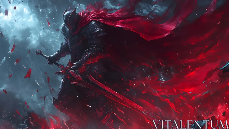 Crimson-enshrouded armored warlord amid turbulent spectral storm.