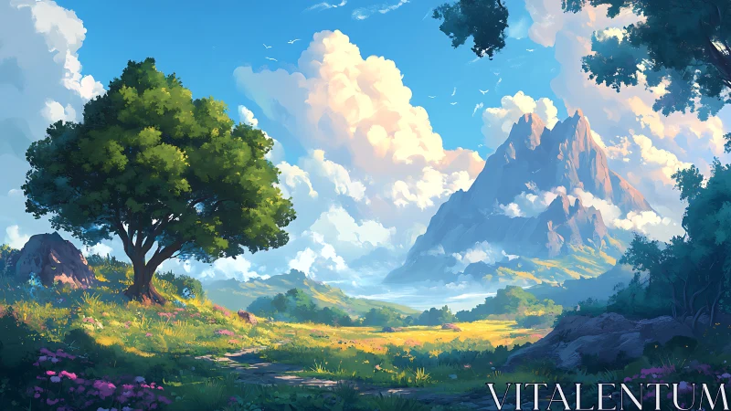 Digital landscape painting with luminous valley and mountain range.