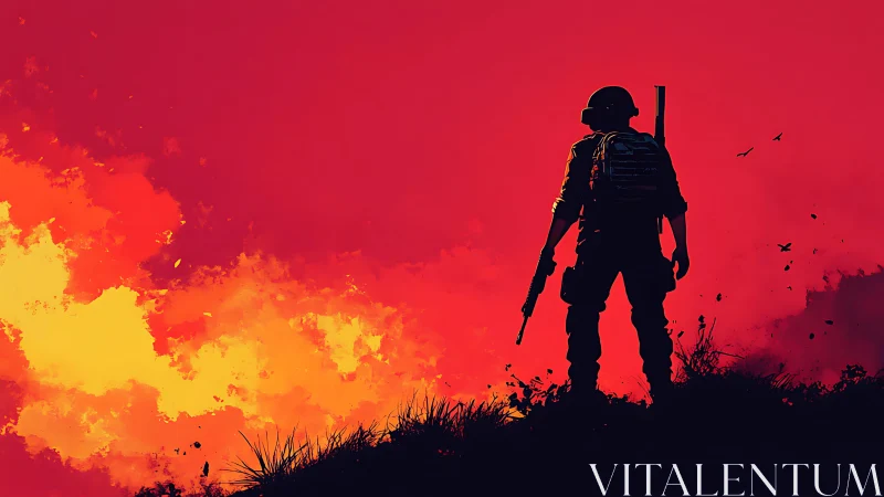Digital painting silhouette soldier against incendiary horizon.