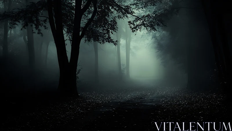 Mist-laden forest path under low-key moody lighting at dusk.