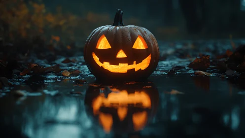 Carved jack o lantern glows over wet autumn forest path