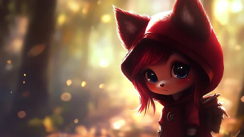 Forest fox girl in red hood under golden bokeh light.