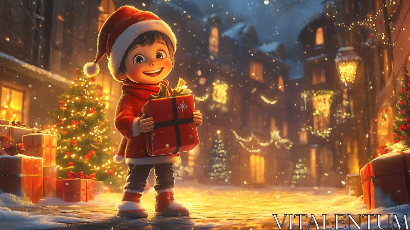 Smiling child holds Christmas gift in glowing snowy street.