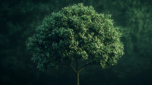 Solitary photorealistic tree rendered against deep bokeh forest