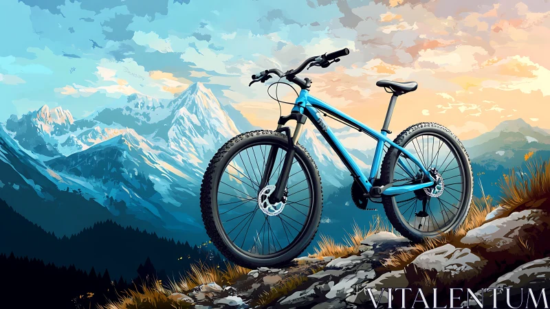 Mountain Adventure: Blue Bike on Alpine Summit.
