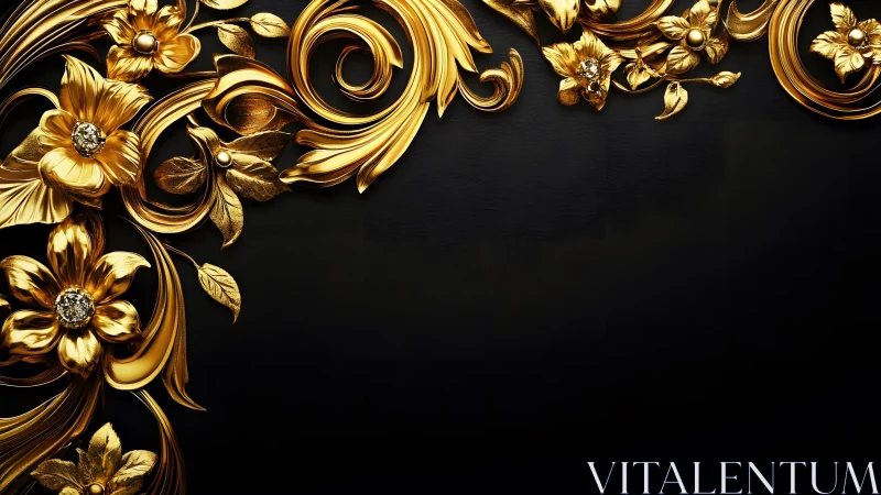 Elegant Gold Floral Ornament on Black Luxury Background.
