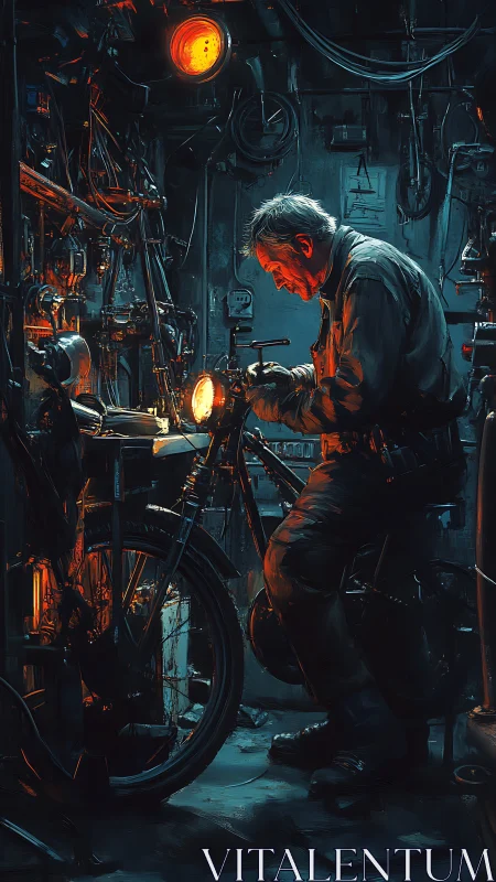 Midnight mechanic tuning a glowing workshop motorcycle.