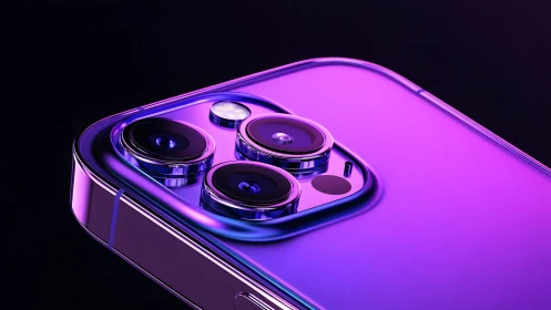Close-up of modern smartphone camera in vibrant purple lighting.