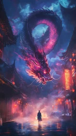 Midnight alley meeting with a neon-lit celestial dragon.