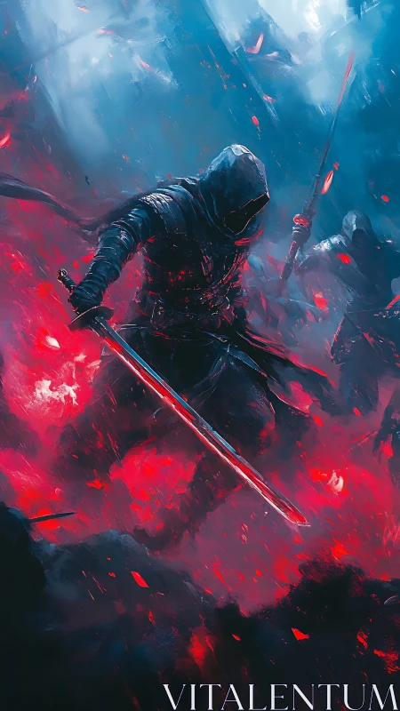 Hooded warriors stride through glowing crimson stormlight.