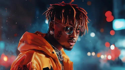 Neon-lit urban portrait of man in yellow jacket, night bokeh