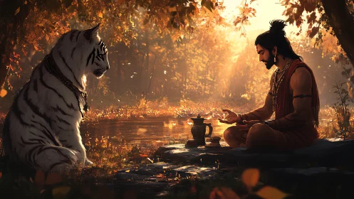 Quiet autumn meeting unites calm sage and patient white tiger