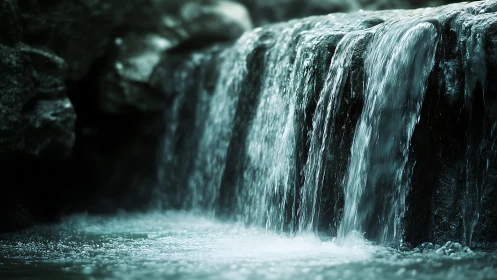 Long-exposure micro waterfall over basalt ledge, cyan toned.
