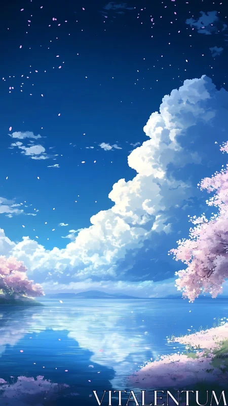 Cloud-drifting sakura shore under deep cobalt heavens.