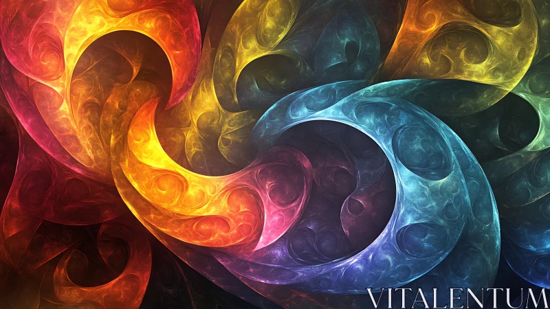 Vibrant swirling fractal curves in layered color fields.