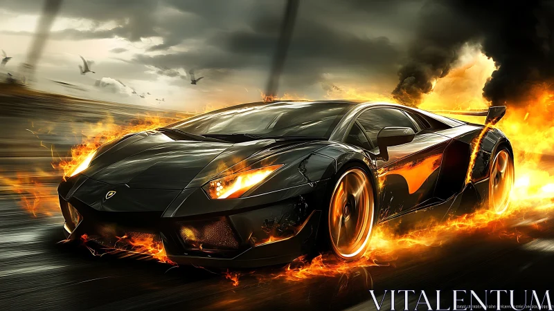 Black Supercar Engulfed Flames High-Speed Inferno.