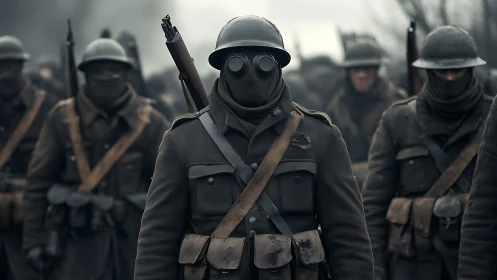 Gas-masked soldiers advance through bleak winter battlefield.