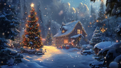 Snowy cabin Christmas lights glow warmly in a quiet forest