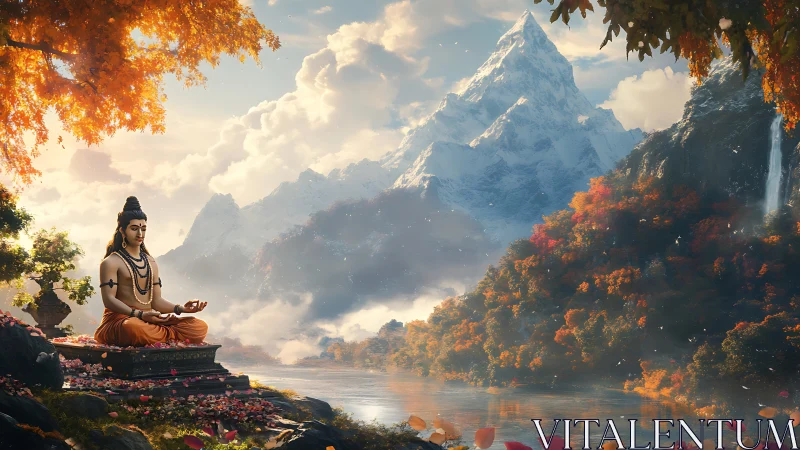 Mountain river meditation under glowing autumn trees.