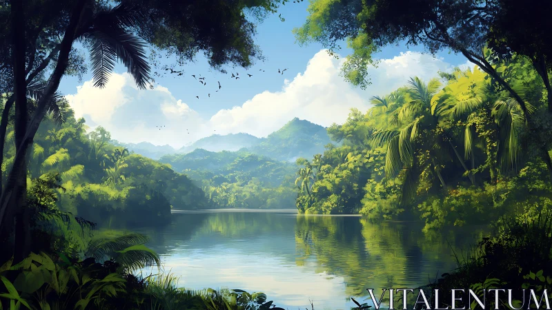 Lush tropical river valley with misty mountains and dense canopy