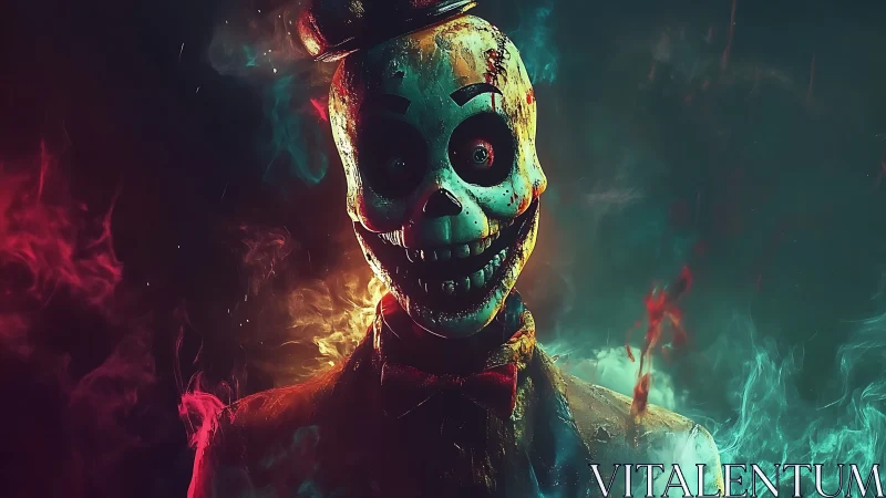 Grinning skeletal clown portrait in bicolor cinematic smoke