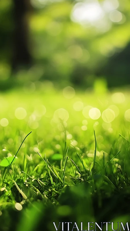 Morning lawn close-up under dreamy green bokeh light.