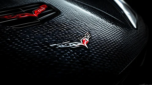 Carbon-fiber sports hood with glossy red performance emblems.