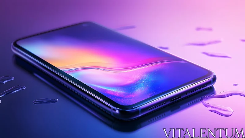 Sleek Modern Smartphone on Reflective Surface with Neon Lighting.
