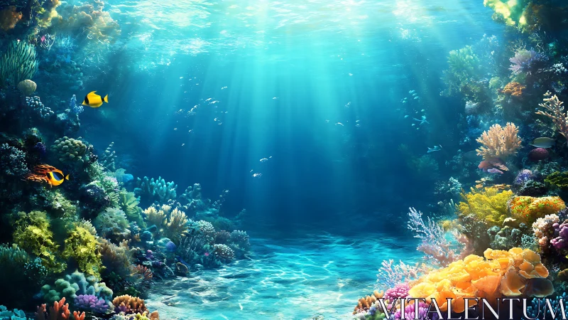 Sunlit coral reef haven with playful tropical fish.