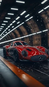 Red retro-futurist Mercedes sports car racing through tunnel.