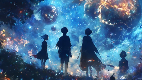 Stargazing silhouettes under luminous cosmic skyscape.