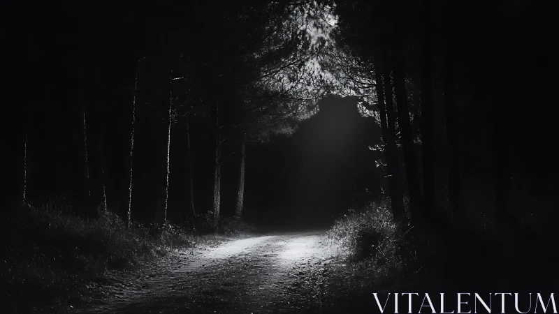 Forest path at night with central lighted clearing focus.