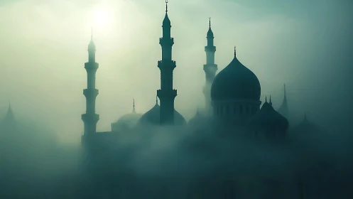 Fog-shrouded mosque silhouette rises through pale dawn light