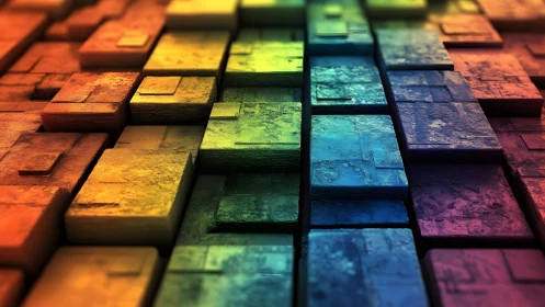 Abstract 3D Blocks in Vivid Rainbow Gradient, Modern Digital Art.