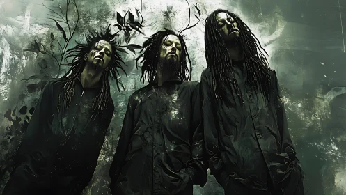 Surreal dreadlocked trio stands against decayed green wall