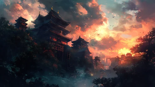 Twilight Pagoda Kingdom Drenched In Ember Skies.