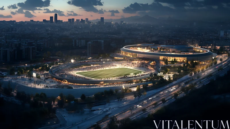 Floodlit urban stadium complex glows against twilight skyline