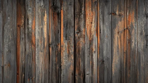 Weathered vertical wooden planks show dark charred aging