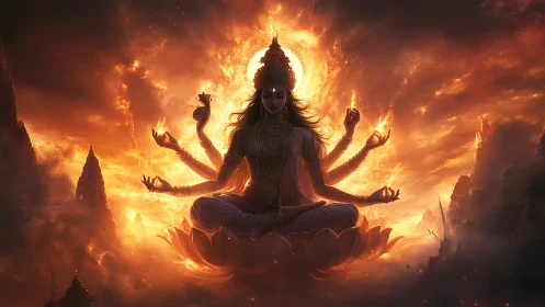 Divine multi-armed deity in blazing celestial lotus glow.