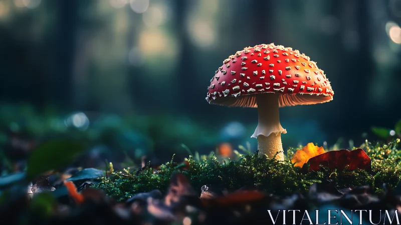 Forest spotlight on a star-speckled red toadstool sentinel.