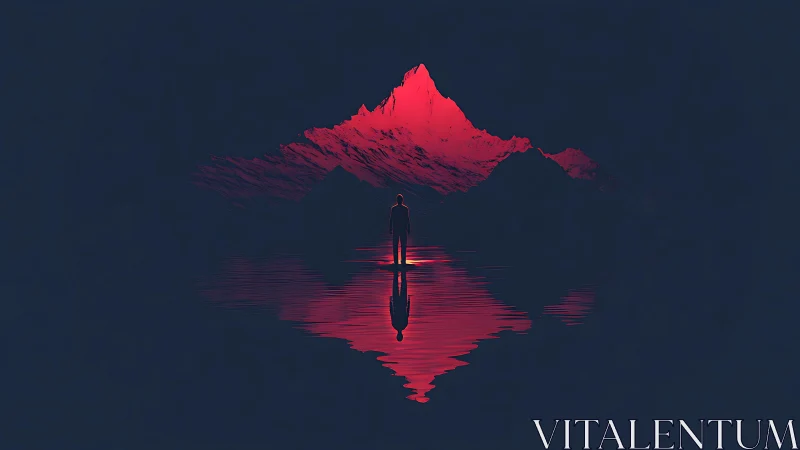 Silhouette stands before red mountain reflected on water