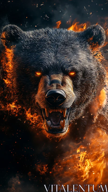 Photorealistic roaring bear head engulfed in dynamic flames.
