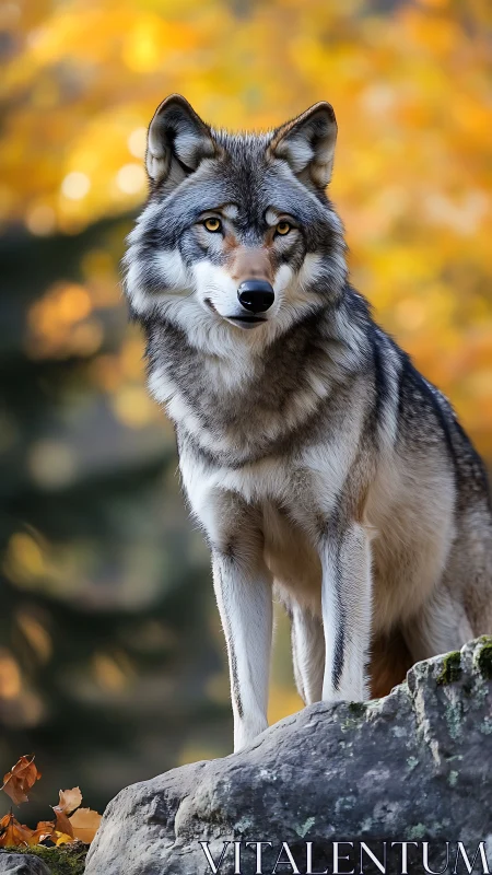 Autumn-lit gray wolf profile on rock, telephoto depth isolation.
