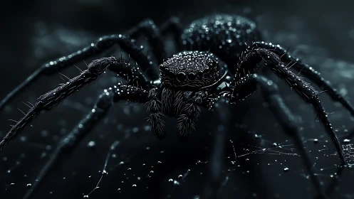 Macro-rendered spider with dew-coated setae under low-key lighting