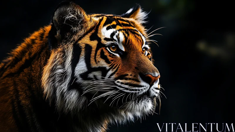 Majestic tiger gazes into darkness with silent intensity