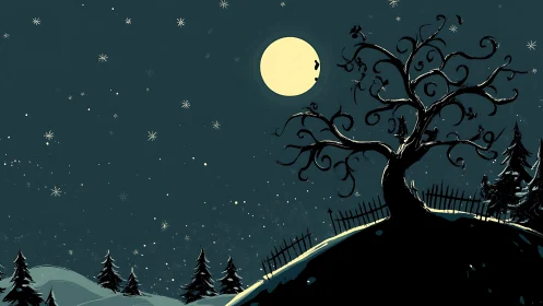 Curved tree silhouette stands on hill beneath full winter moon