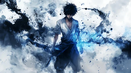 Blue energy swordsman amid abstract ink and smoke burst.