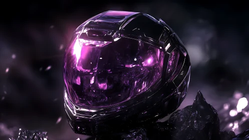 Luminous amethyst space helmet glows amid dark cosmic rock