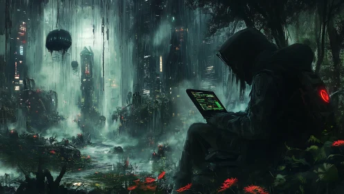Hooded hacker in dense cyberpunk jungle city ruin.