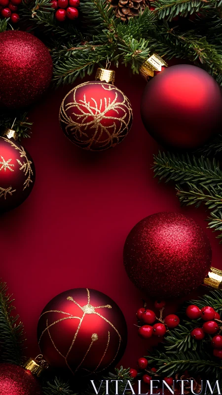 Red glass baubles with evergreen branches on solid background.